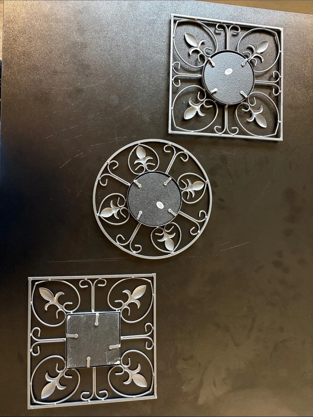 Decorative Gray Wall Mirror Set - 3-Piece Metal Fleur Design